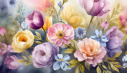 Watercolor illustration of beautiful flowers. Spring floral background.