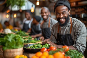 Chef in apron smiling while chopping fresh green vegetables, surrounded by colleagues in a lively kitchen