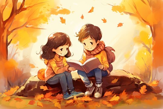a cartoon of a boy and girl reading a book