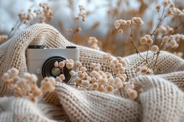 A classic film camera tucked into a soft knitted blanket with fluffy dry flowers, exuding an autumnal nostalgia and artistic vibe - obrazy, fototapety, plakaty