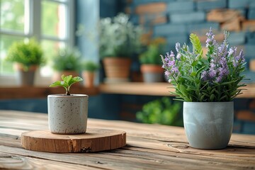 Charming interior shot of two pots with fresh plants on a rustic wooden table, speaks of growth and home decor