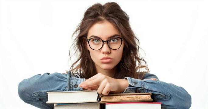 Serious young woman in glasses pointing finger at a pile of books in her hands isolated on white background professional photography