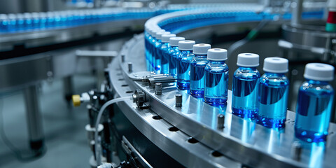medical vials on the production line of a pharmaceutical factory, pharmaceutical machine, - obrazy, fototapety, plakaty