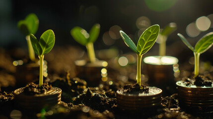Sprouts Growing on Coin Stacks Looping Green Business Growth Recycling Renewable Energy Environmental Consciousness Concept - obrazy, fototapety, plakaty