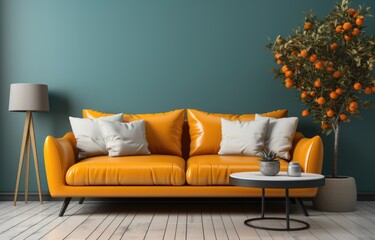Mockup living room interior with colorful minimal sofa on empty color wall background