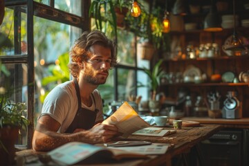 Fototapeta na wymiar Confident young male barista with curly hair reading a menu in a rustic, well-lit cafe setting