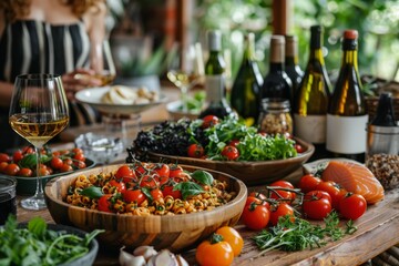 A lush Mediterranean feast with fresh salads, pasta, tomatoes, and wine signaling a celebration of cuisine and culture - obrazy, fototapety, plakaty