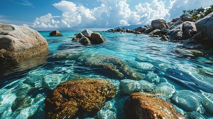 a beach with rocks and clear water under a white cloudy sky, in the style of teal and sky-blue, mesmerizing optical illusions, webcam photography, art, vibrant, lively, barbiecore