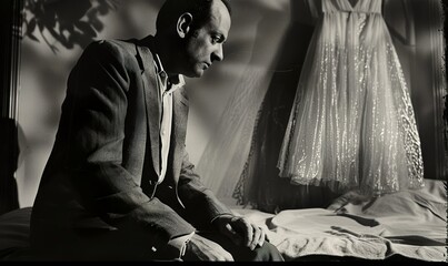 1950s photograph of man in his forties sitting on bed looking at chiffon cocktail dress hanging on wardrobe 