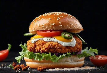Chicken spicy juicy burger, fast food, menu. Advertising banner for bar, restaurant, cafeteria