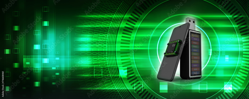 Poster 3d rendering microchips on mobile phone with office file in pen drive