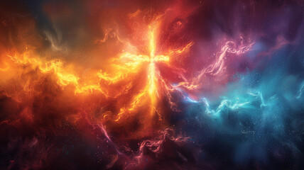 vivid ash cross at its heart, set on an abstract background