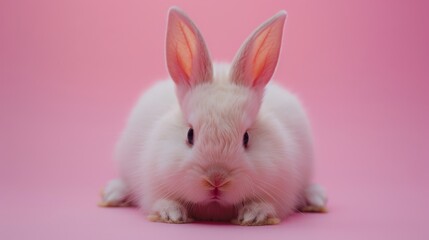 A white rabbit with translucent pink ears lies down, blending into the soft pink background, with copy space for easter, rabbit, animal, pet, cute, fur, ear, mammal, background, celebration