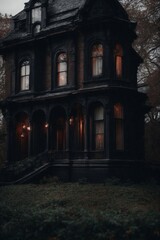Fototapeta na wymiar Eerie House Illuminated at Night. Generative AI.