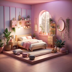 3D cute Luxurious pink Bedroom Interior with Elegant Furniture and Decor, bathed in Natural Light. create with ai