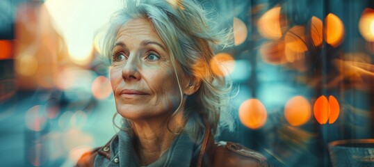 A senior blonde Caucasian woman, her hair carrying the soft glow of wisdom, embraces a tranquil coffee moment within a double exposure image. - obrazy, fototapety, plakaty