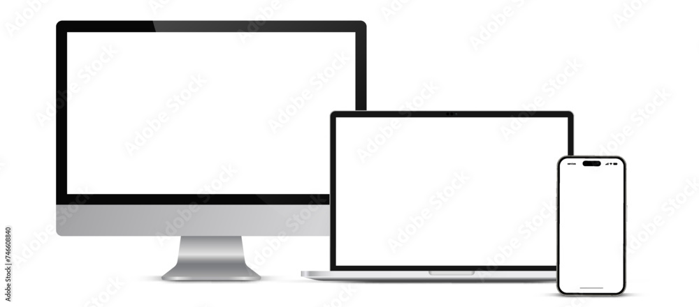 Poster 3d high quality realistic device mockup. computer monitors, laptops, tablets and mobile phones. elec