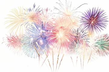 An awe-inspiring scene featuring a fireworks extravaganza on a white background, as a grand spectacle to commemorate a special birthday occasion.