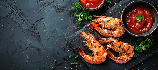 Grilled tiger prawns with tomato sauce and parsley on dark background