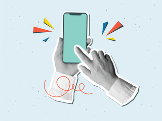Black and white hands in a white shirt holding a phone with a empty screen. Vector illustration in a modern collage style - obrazy, fototapety, plakaty