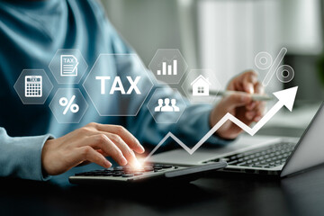 E-Filing, Taxpayer using a laptop to file taxes personal income, Tax Return form online for tax payment. Government, state taxes. Data analysis, paperwork, reports. Calculation tax return. - obrazy, fototapety, plakaty