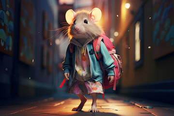 Funny rat with a backpack walking on the street at night.  - obrazy, fototapety, plakaty
