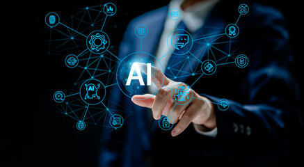 Businesswomen touching diagram ai global data network connect, learning technology artificial intelligence, modern innovation, autonomous machine brain, science, futuristic technology transformation.