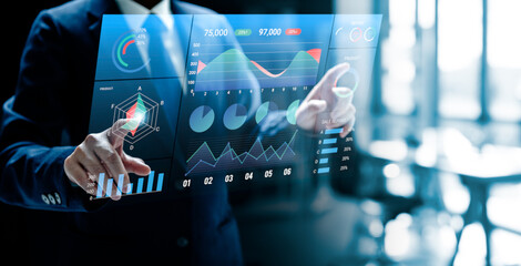 Businesswomen analyze chart data business on a visual screen dashboard, technology devices and...