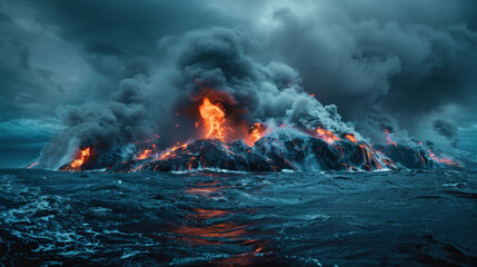 Volcano eruption in the sea, new land formation, dramatic twilight light