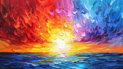 Impressionist painting of sunset in the sea, vivid acid colors