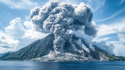 Volcano eruption in the sea, new island formation, day light - obrazy, fototapety, plakaty