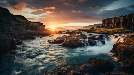 a beautiful waterfall at sunset in iceland, in the style of eye-catching, villagecore, expansive