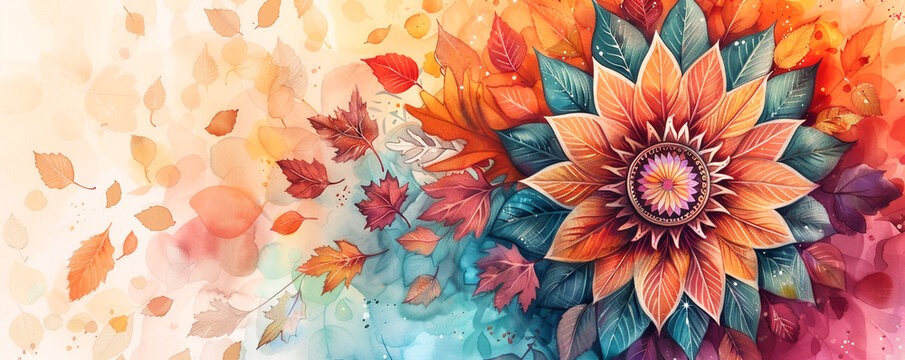 Watercolor edged mandala central theme of grumpy animals and real leaves