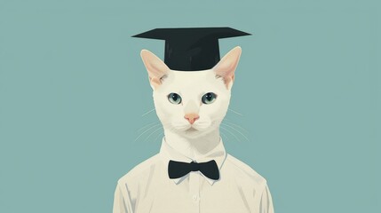 White Cat Wearing White Shirt and Graduation Cap