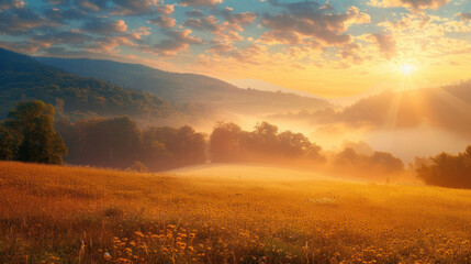 Foggy sunny morning over blossoming field