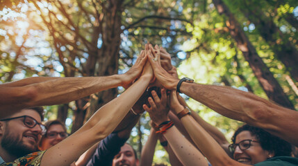 A group of coworkers participating in a team building exercise outdoors
