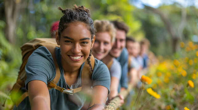 A group of coworkers participating in a team building exercise outdoors