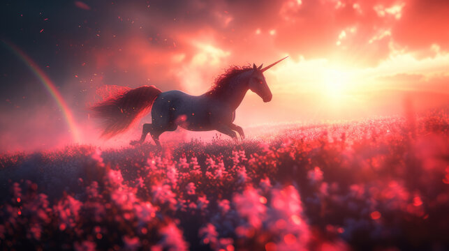 Magic unicorn in blossoming field, fairytale atmosphere