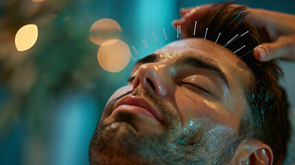 A man receiving acupuncture therapy face and massage in clinic spa