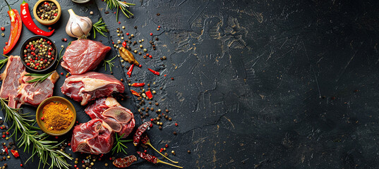 Fresh raw meat on a slate black board. Variety of spices, seasonings for cooking, grilling