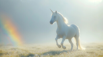 Obraz na płótnie Canvas Magic unicorn in blossoming meadow, fairytale atmosphere
