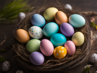 Fototapeta na wymiar Nest full of colorful Easter eggs