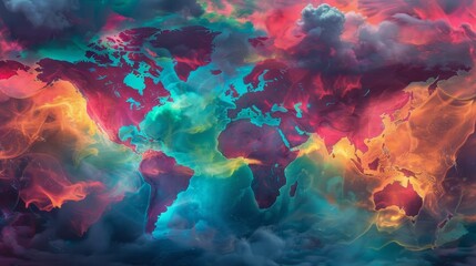 Fototapeta na wymiar Colorful World Map With Clouds of Smoke