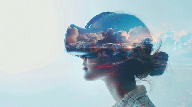 Futuristic Woman With Virtual Reality Headset and Nature Background