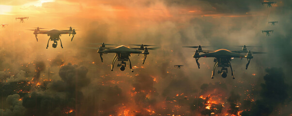 Dynamic scene depicting modern drones flying over smoldering battlefields, cutting through the smoke-filled air - obrazy, fototapety, plakaty