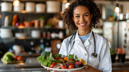 A smiling nutritionist holding a plate of healthy food