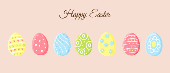 Happy Easter with colorful Easter eggs. Congratulations on a postcard, banner or advertisement