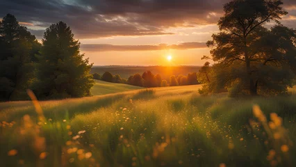 Fototapeten Beautiful summer meadow sunset landscape. © Katarzyna