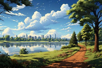 a big lake with trees and a view of the city, in the style of dc comics, flickr, light sky-blue and green, prairiecore, urban edge, hudson river school, high quality photo - obrazy, fototapety, plakaty