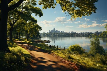 a big lake with trees and a view of the city, in the style of dc comics, flickr, light sky-blue and green, prairiecore, urban edge, hudson river school, high quality photo